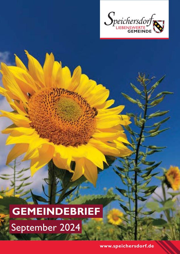 Auf dem Bild ist eine Sonnenblume zu sehen. Im unteren Bereich steht in weißer Schrift auf einem weinrotem Balken "Gemeindebrief September 2024".